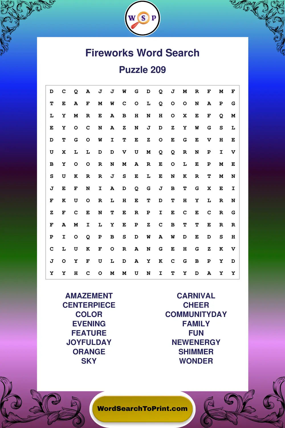 Fireworks Word Search Puzzle 209