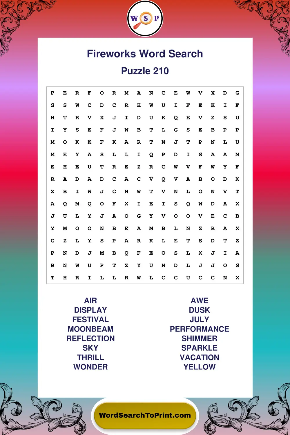Fireworks Word Search Puzzle 210