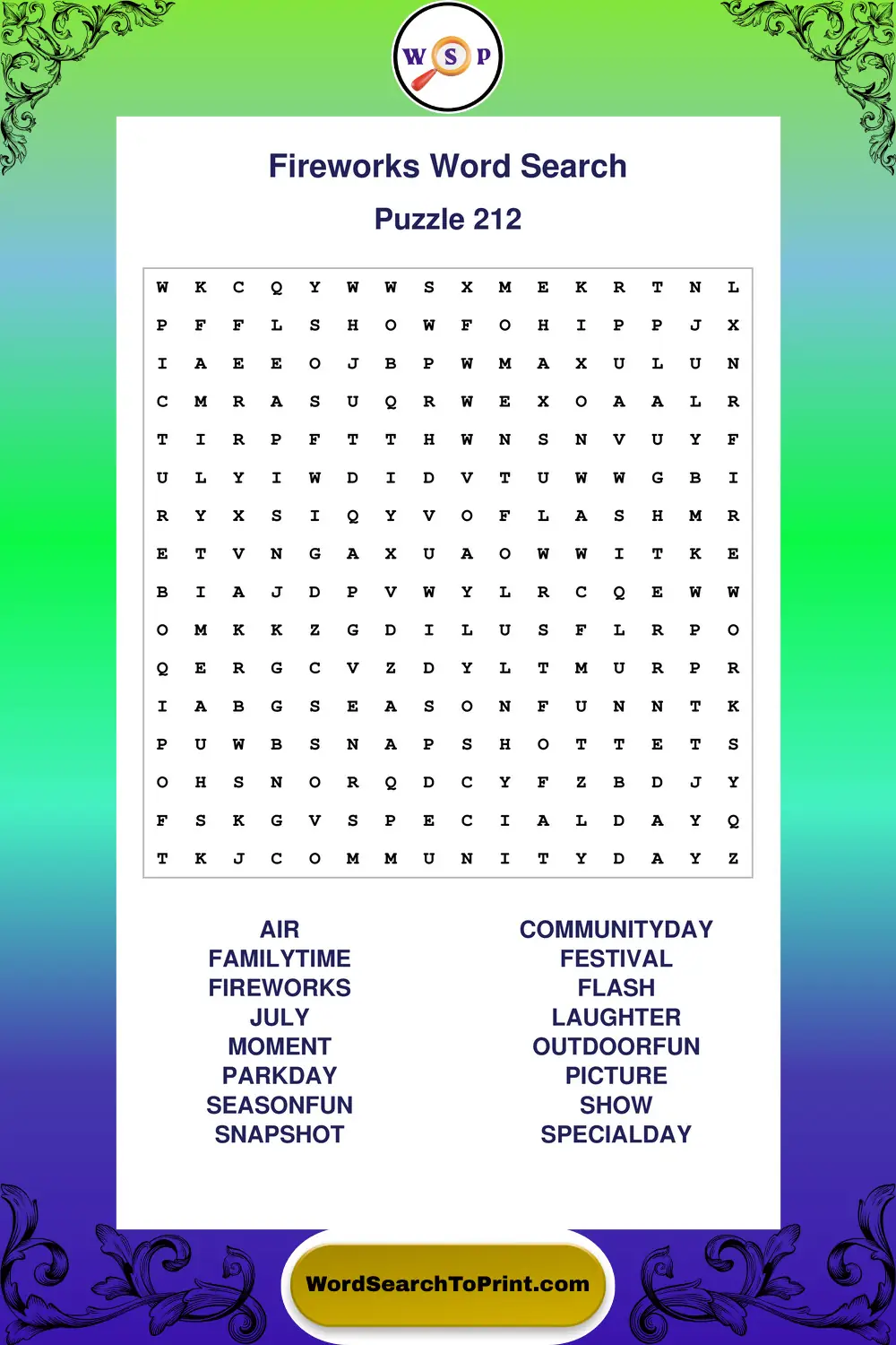 Fireworks Word Search Puzzle 212