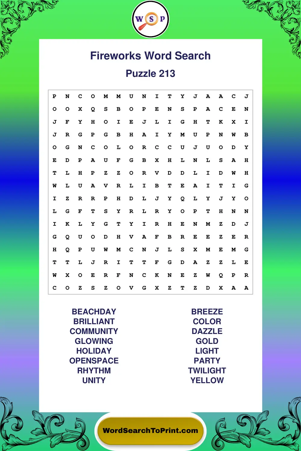 Fireworks Word Search Puzzle 213