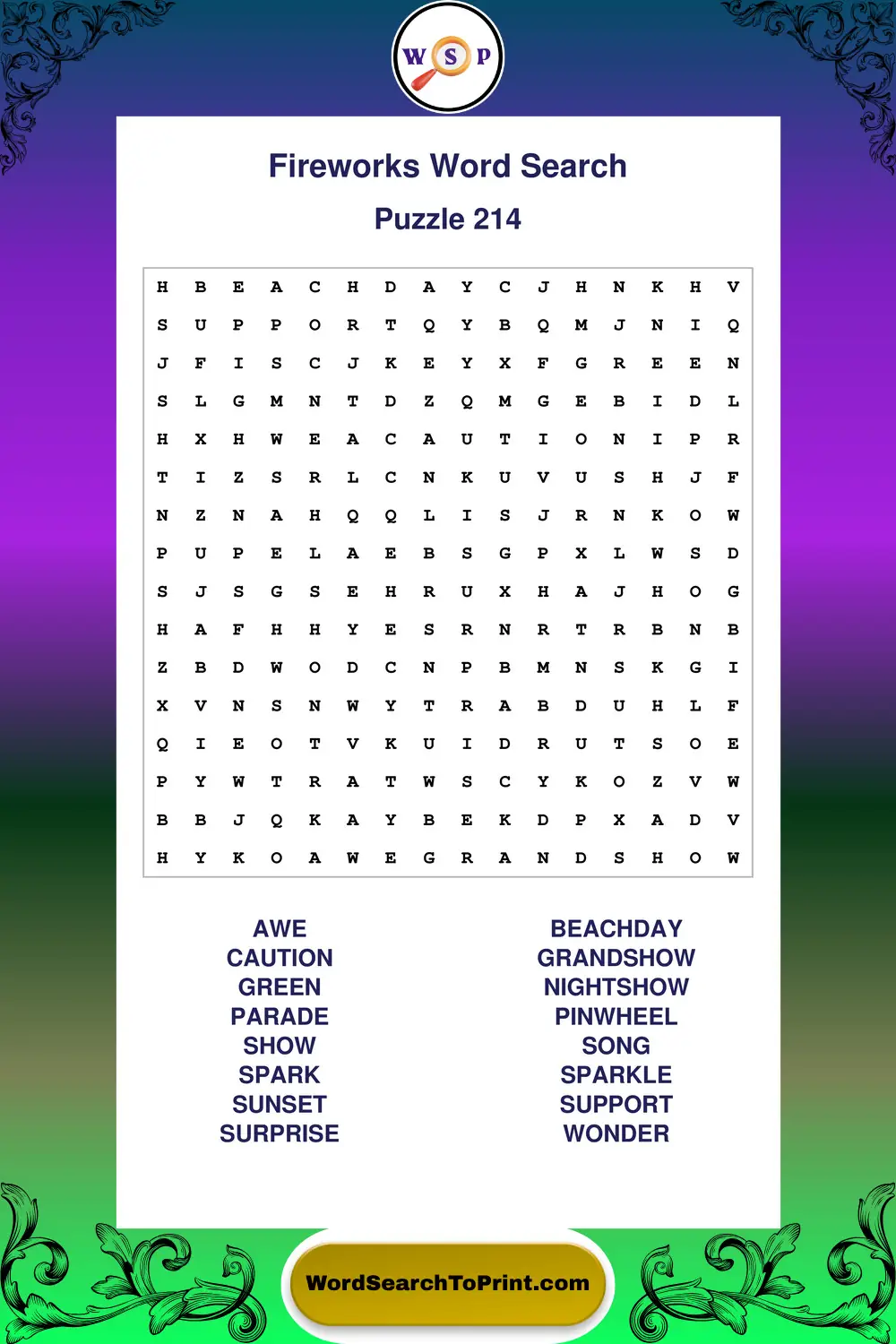 Fireworks Word Search Puzzle 214
