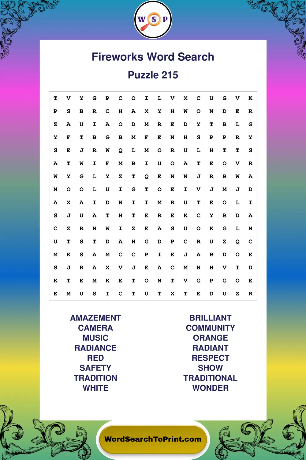 Fireworks Word Search Puzzle 215