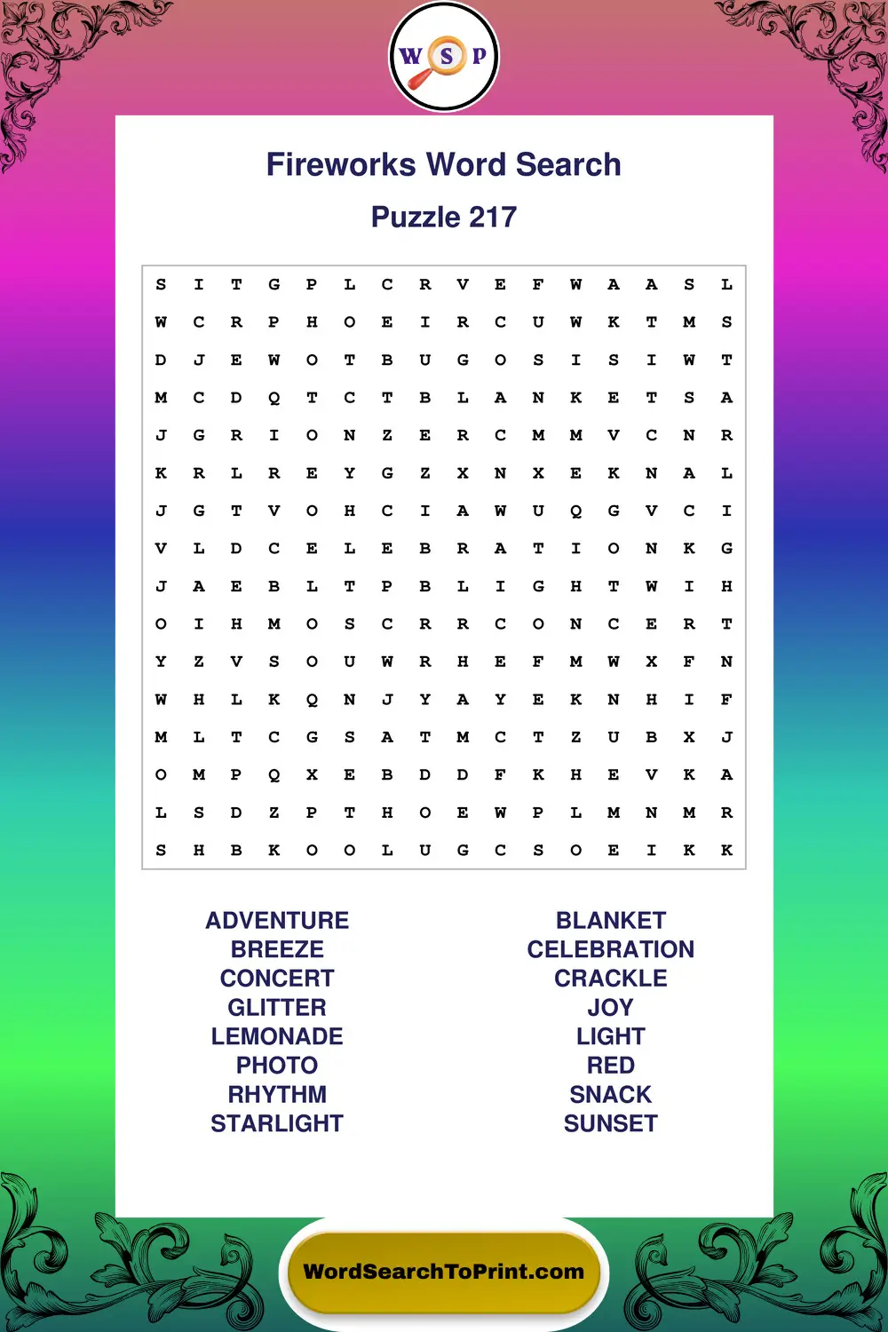 Fireworks Word Search Puzzle 217