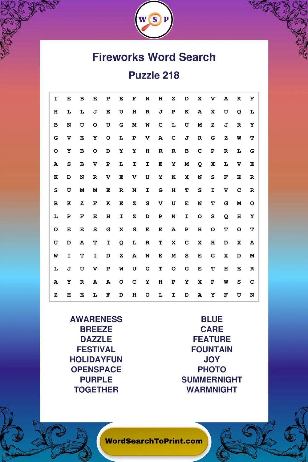 Fireworks Word Search Puzzle 218