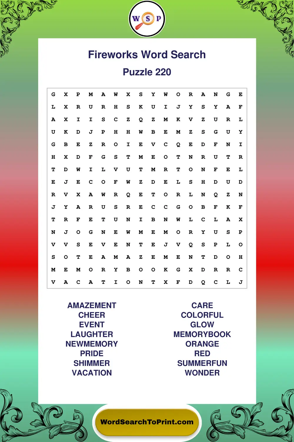 Fireworks Word Search Puzzle 220