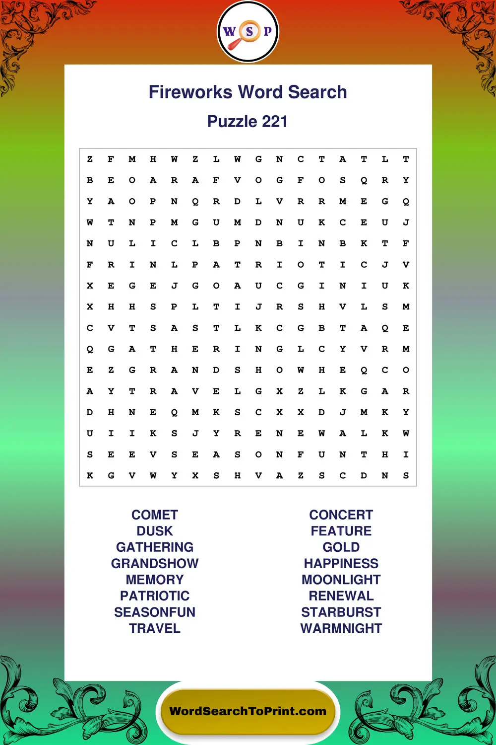 Fireworks Word Search Puzzle 221