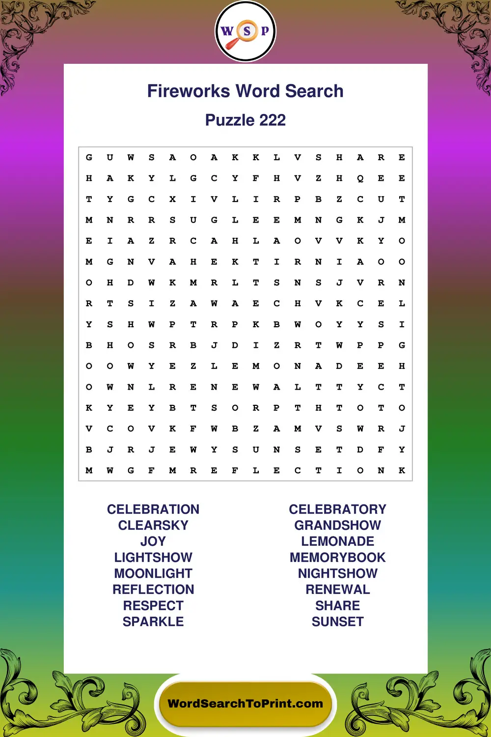 Fireworks Word Search Puzzle 222