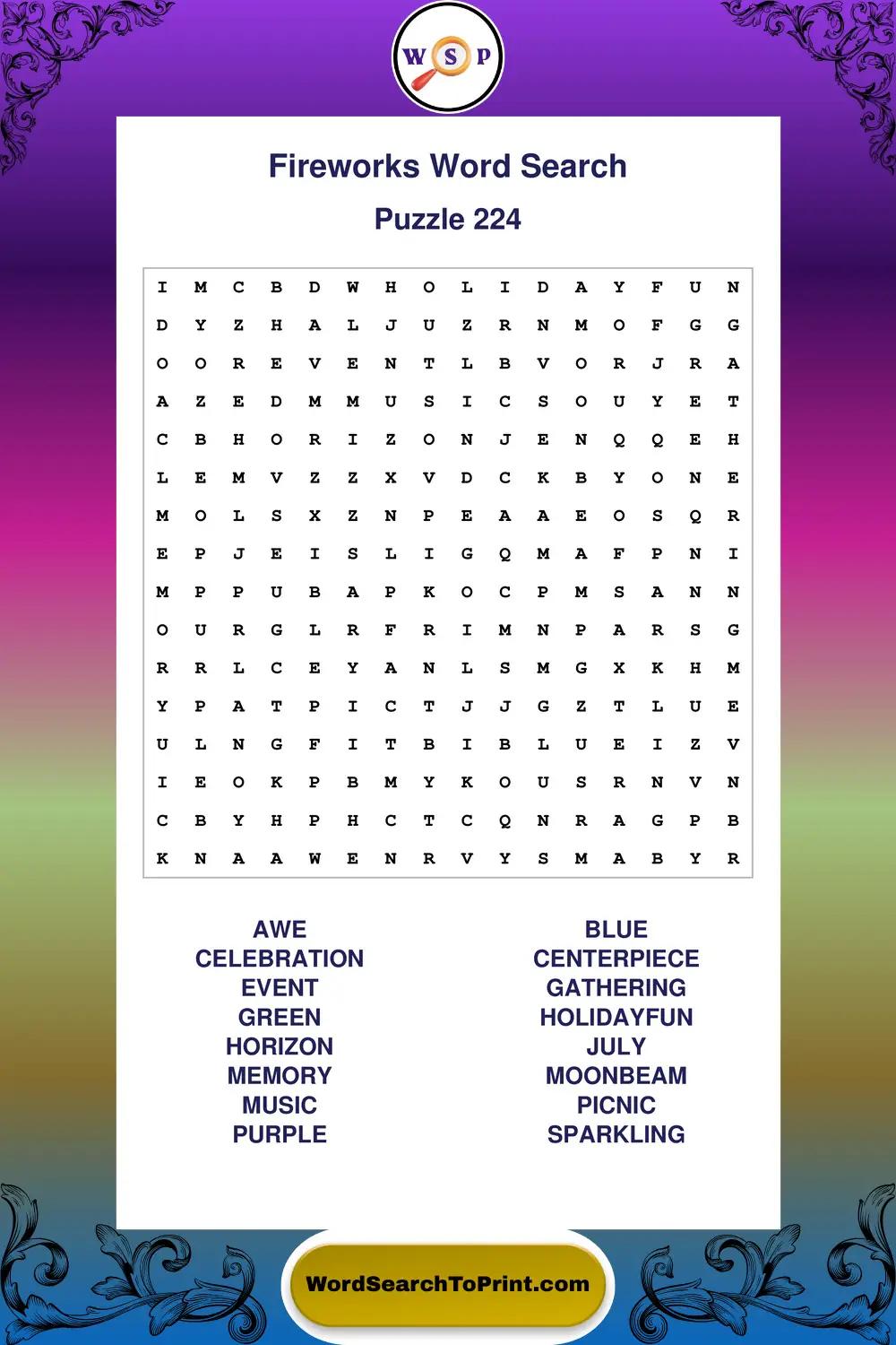 Fireworks Word Search Puzzle 224