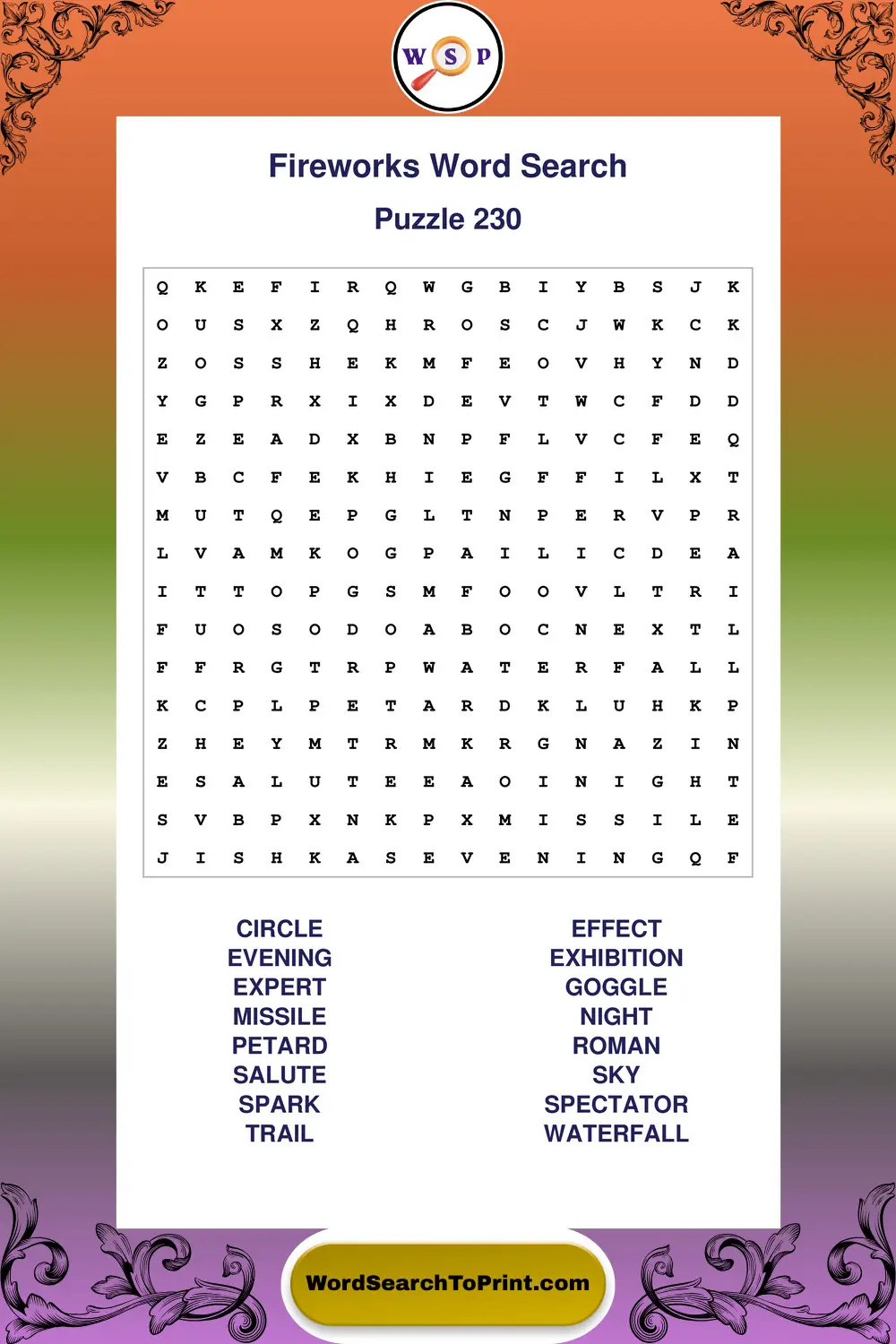 Fireworks Word Search Puzzle 230