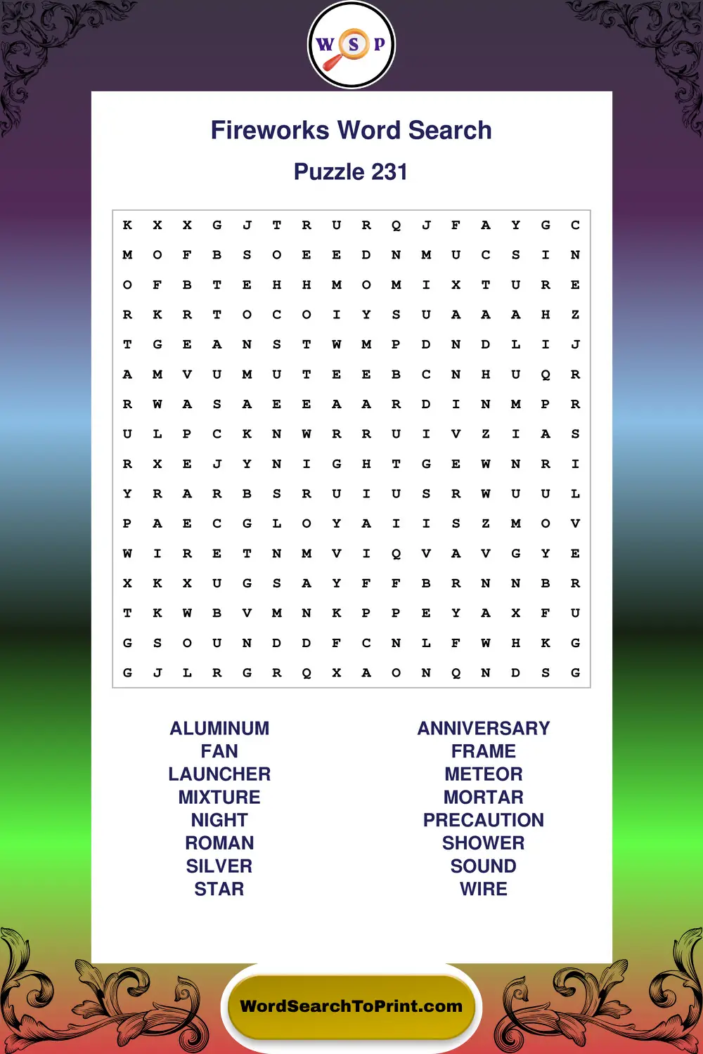 Fireworks Word Search Puzzle 231