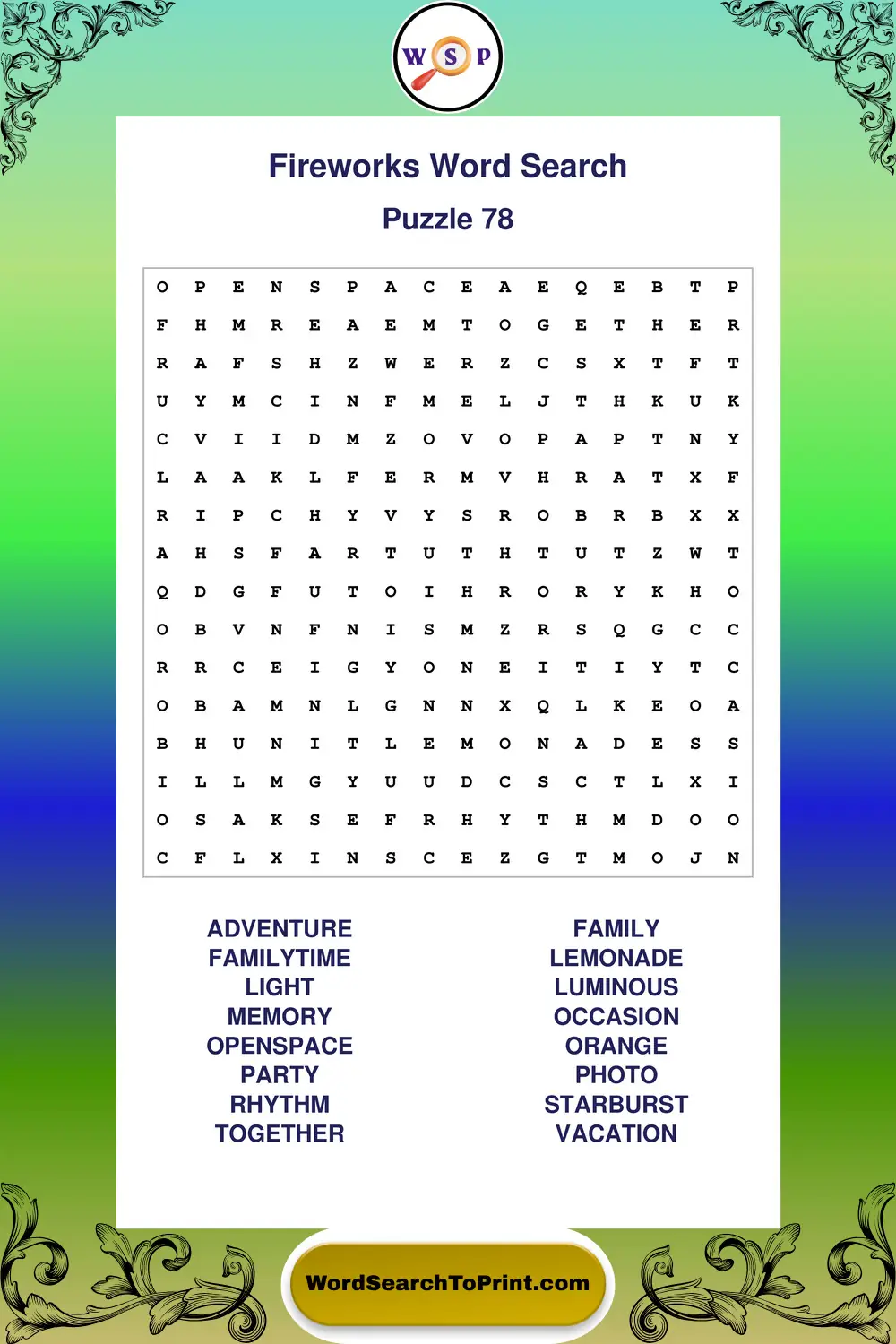 Fireworks Word Search Puzzle 78
