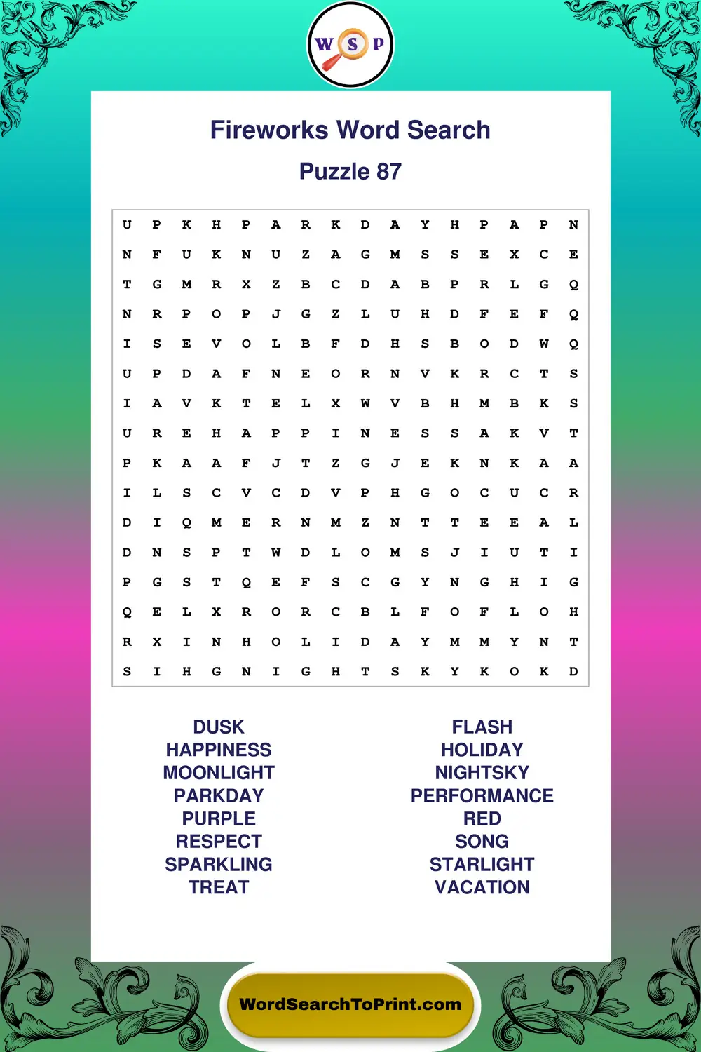 Fireworks Word Search Puzzle 87
