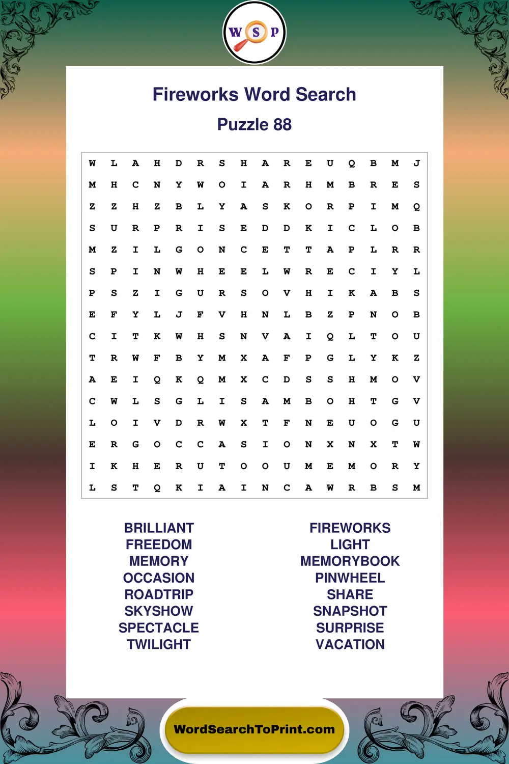 Fireworks Word Search Puzzle 88
