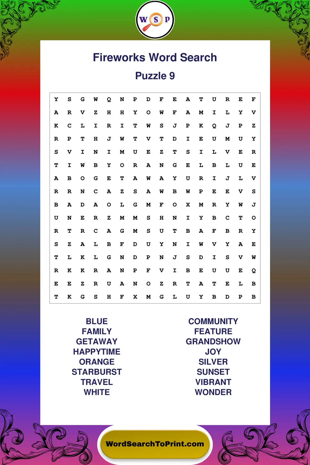 Fireworks Word Search Puzzle 9