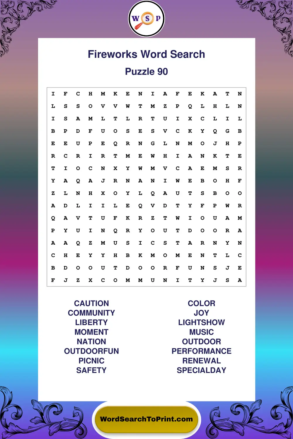 Fireworks Word Search Puzzle 90