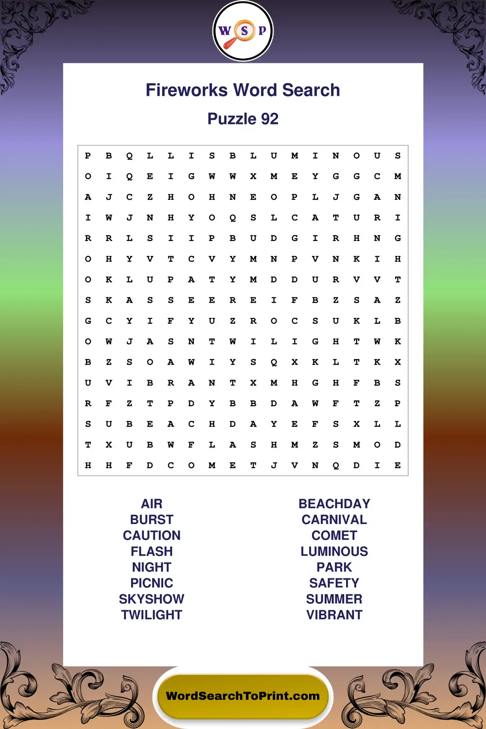 Fireworks Word Search Puzzle 92