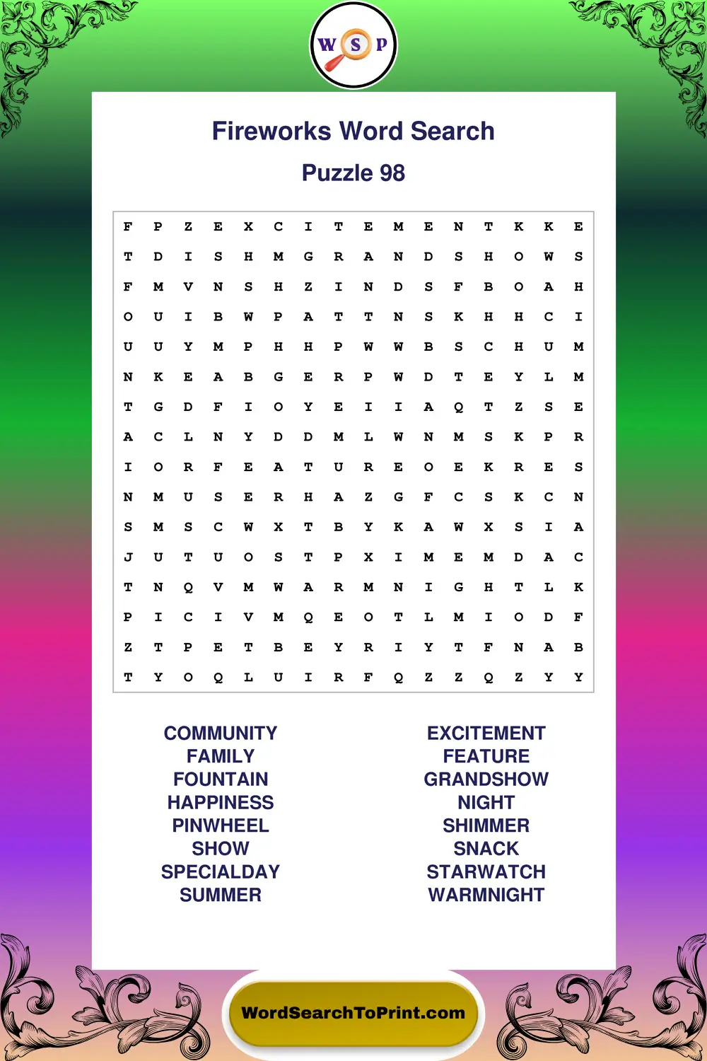 Fireworks Word Search Puzzle 98