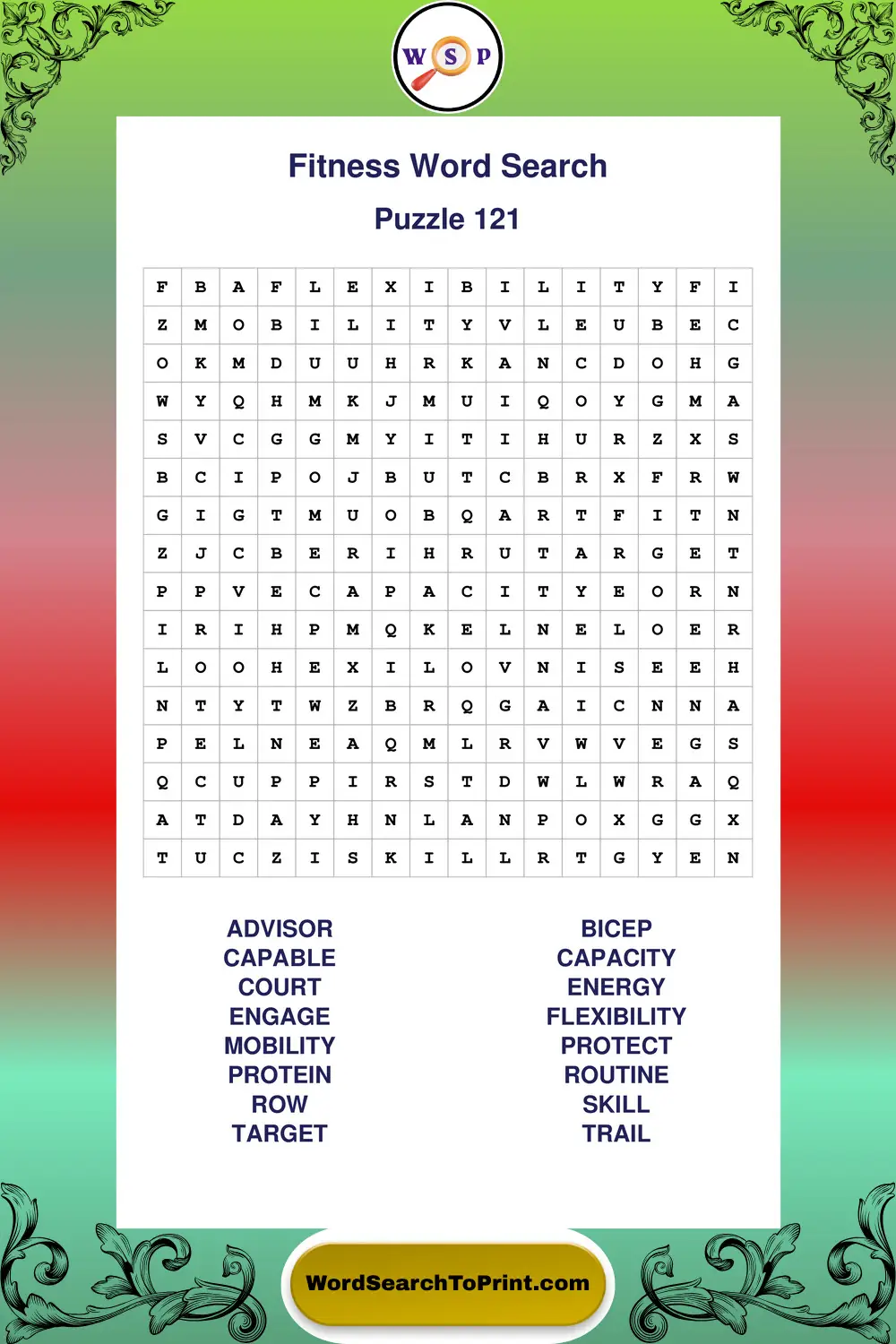 Fitness Word Search Puzzle 121