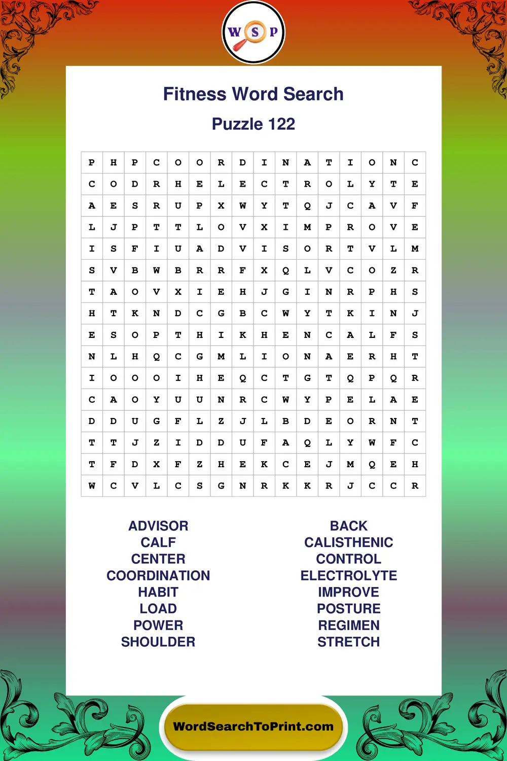 Fitness Word Search Puzzle 122