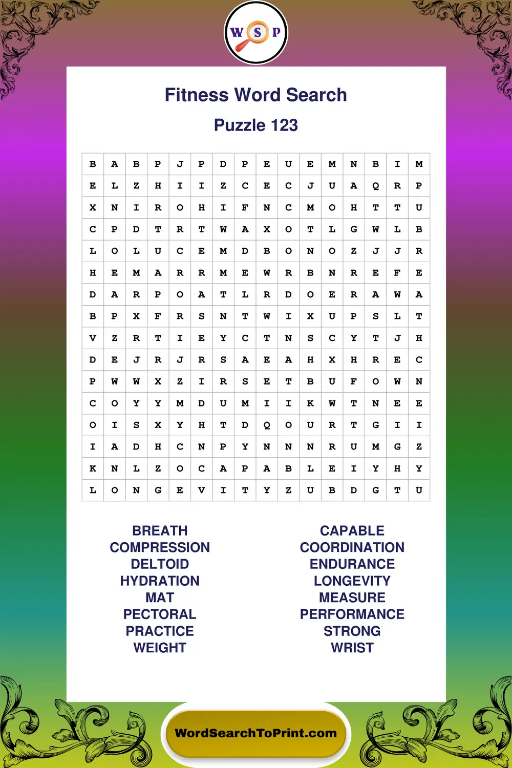 Fitness Word Search Puzzle 123