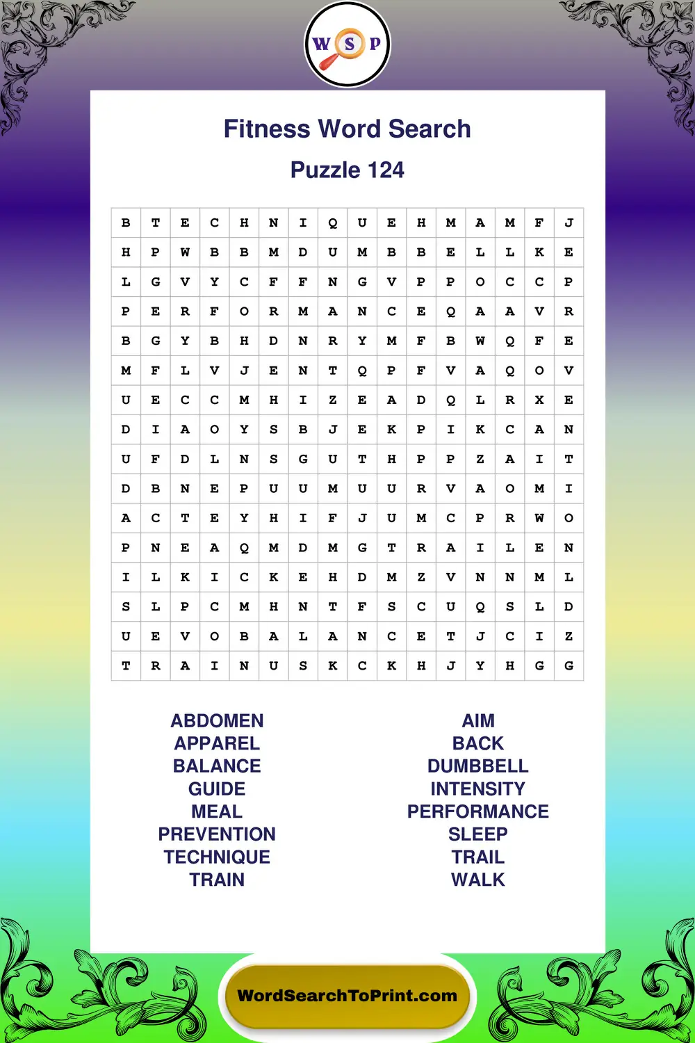 Fitness Word Search Puzzle 124