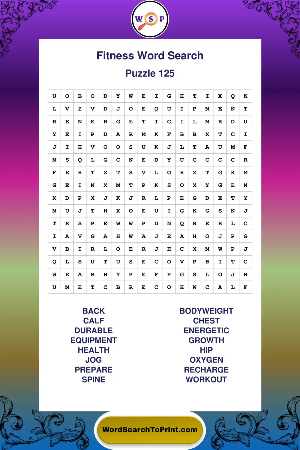 Fitness Word Search Puzzle 125