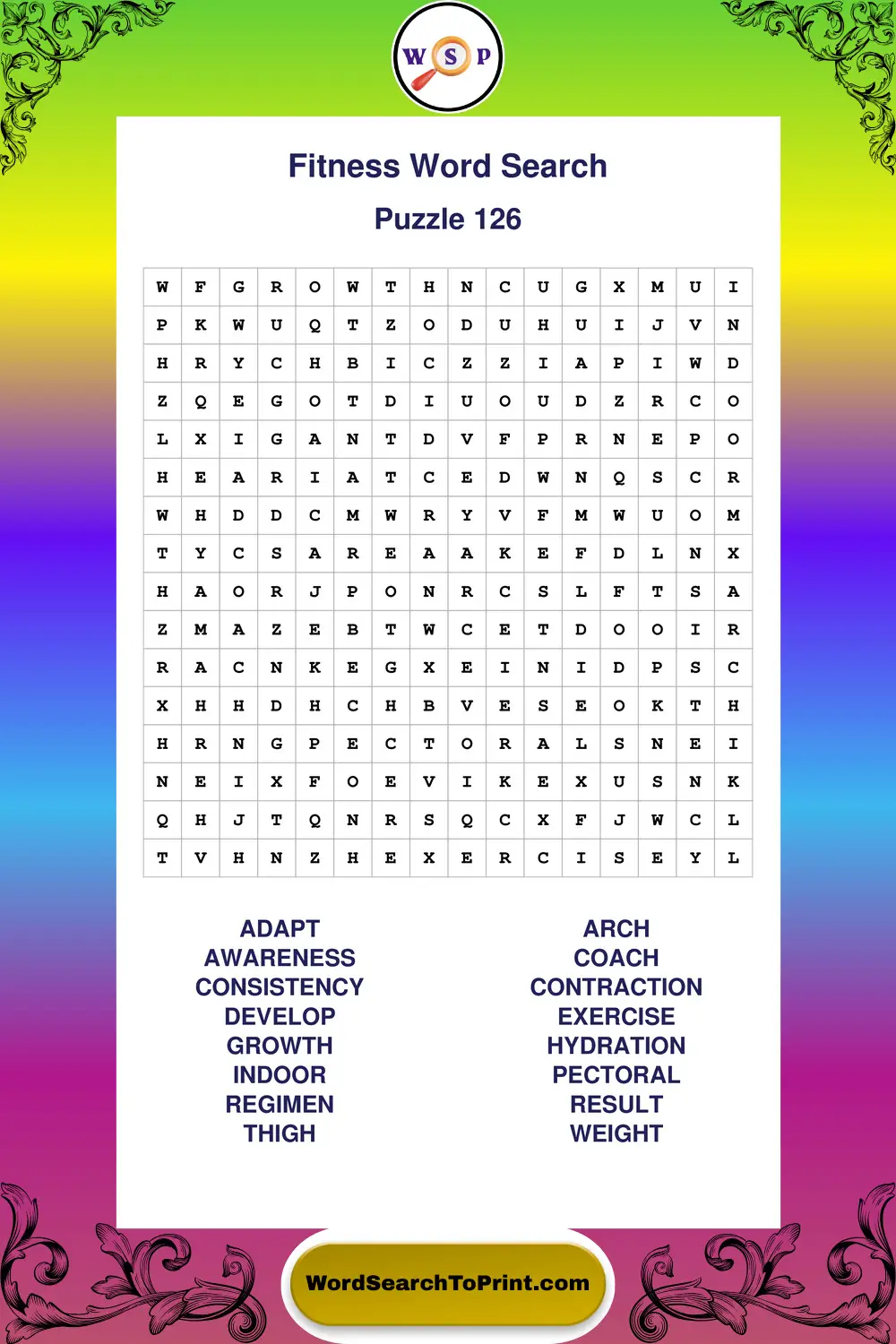 Fitness Word Search Puzzle 126