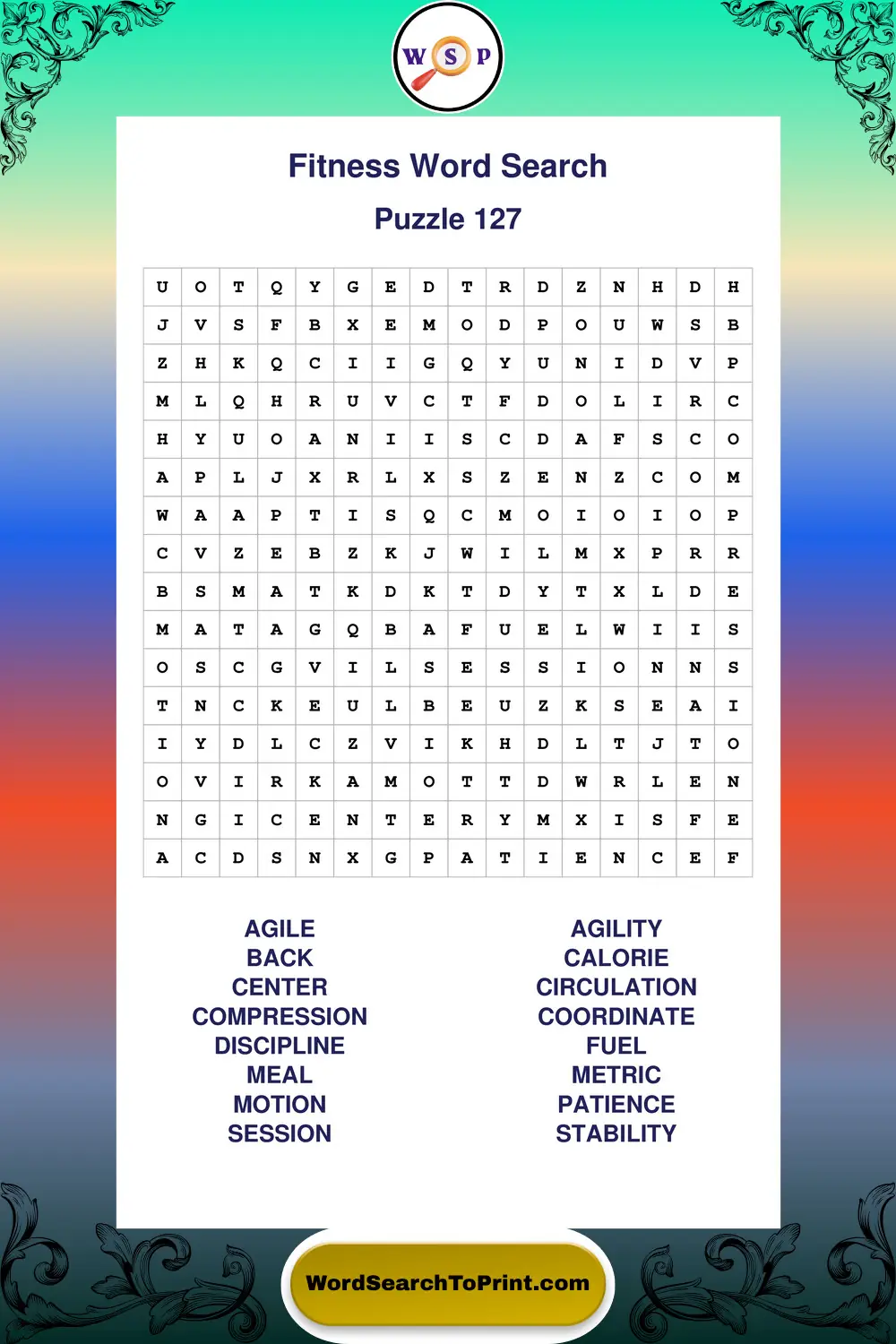 Fitness Word Search Puzzle 127