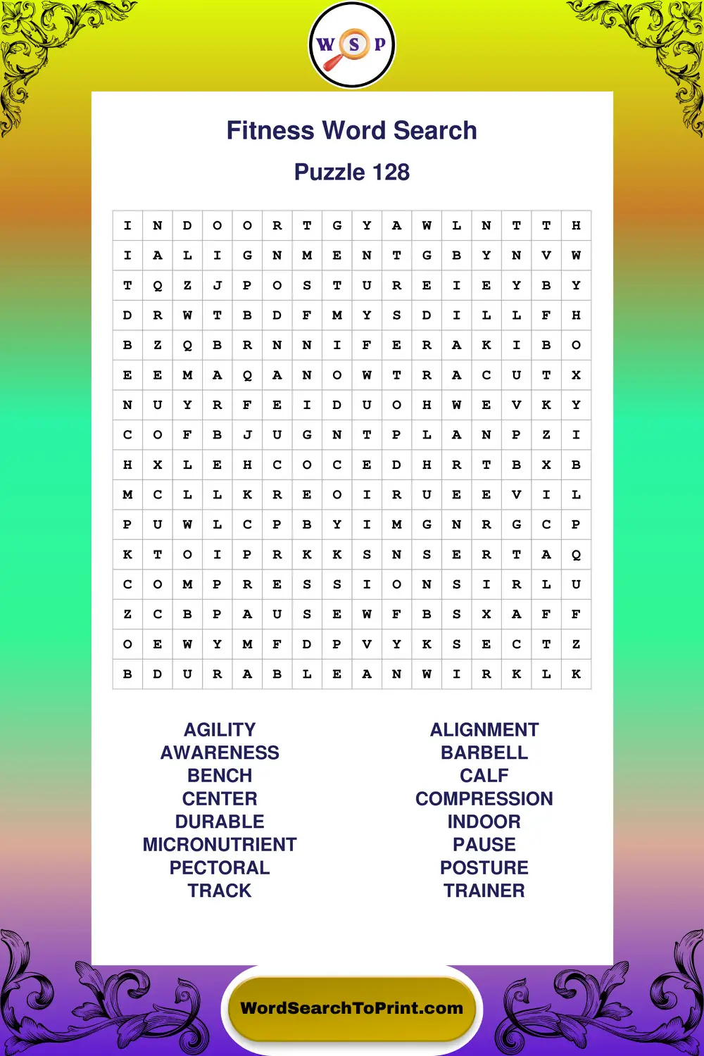 Fitness Word Search Puzzle 128
