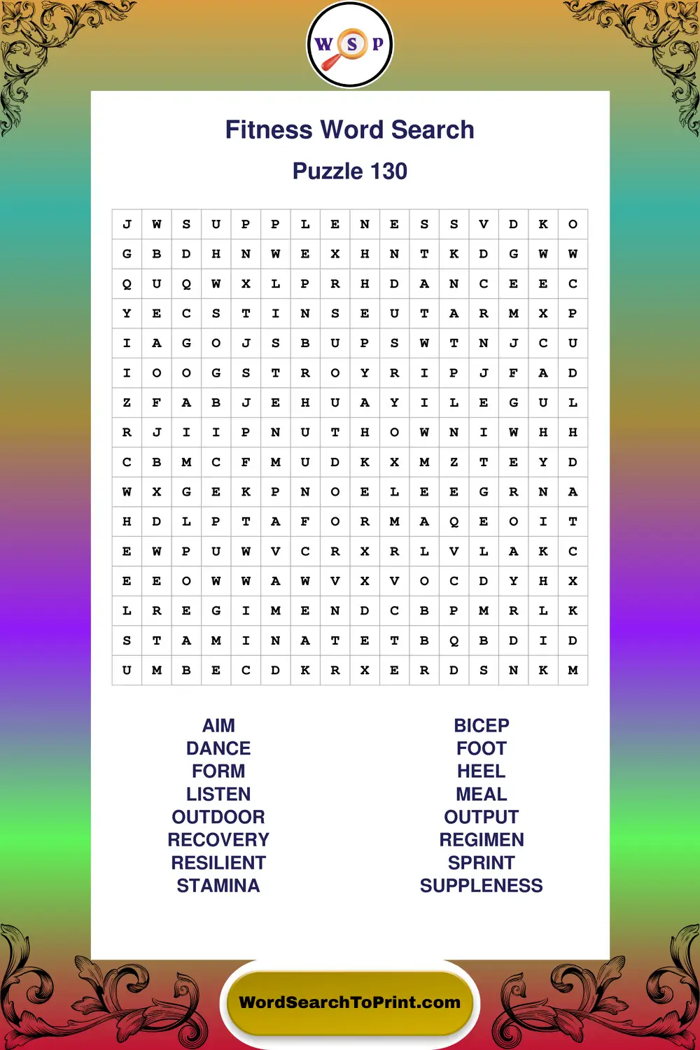 Fitness Word Search Puzzle 130