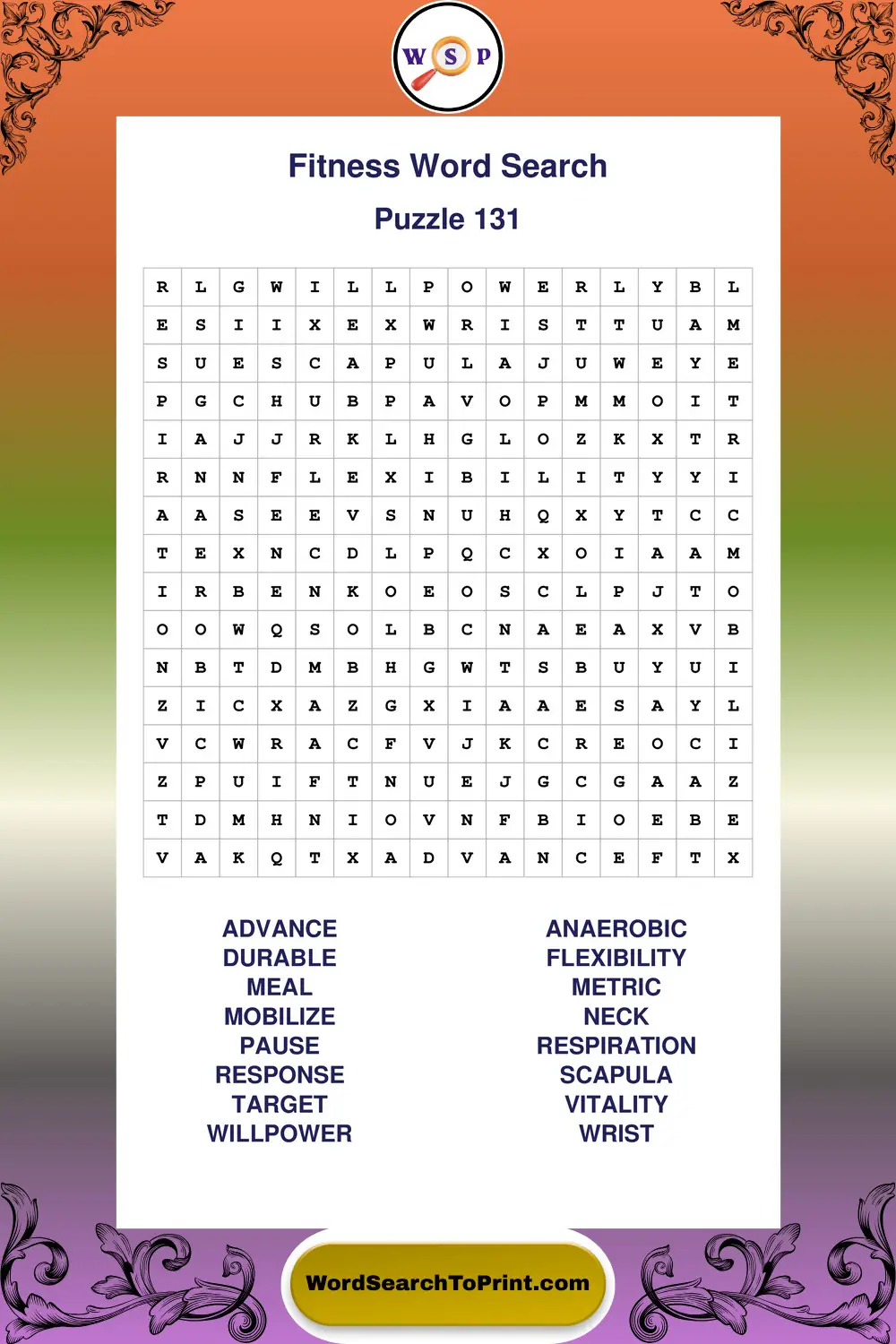 Fitness Word Search Puzzle 131
