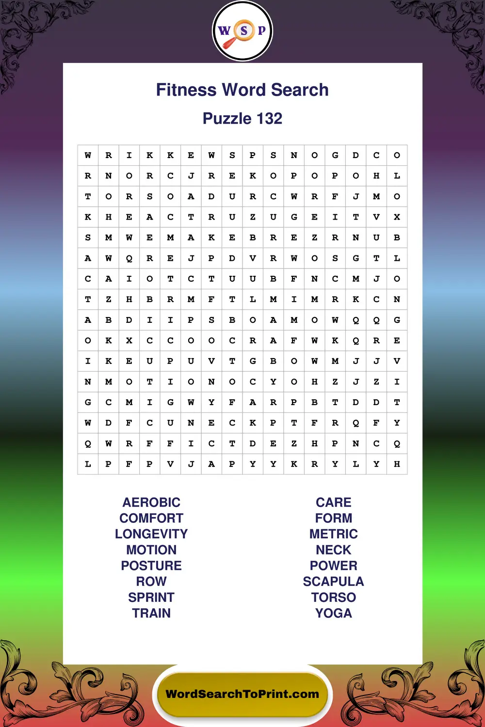 Fitness Word Search Puzzle 132