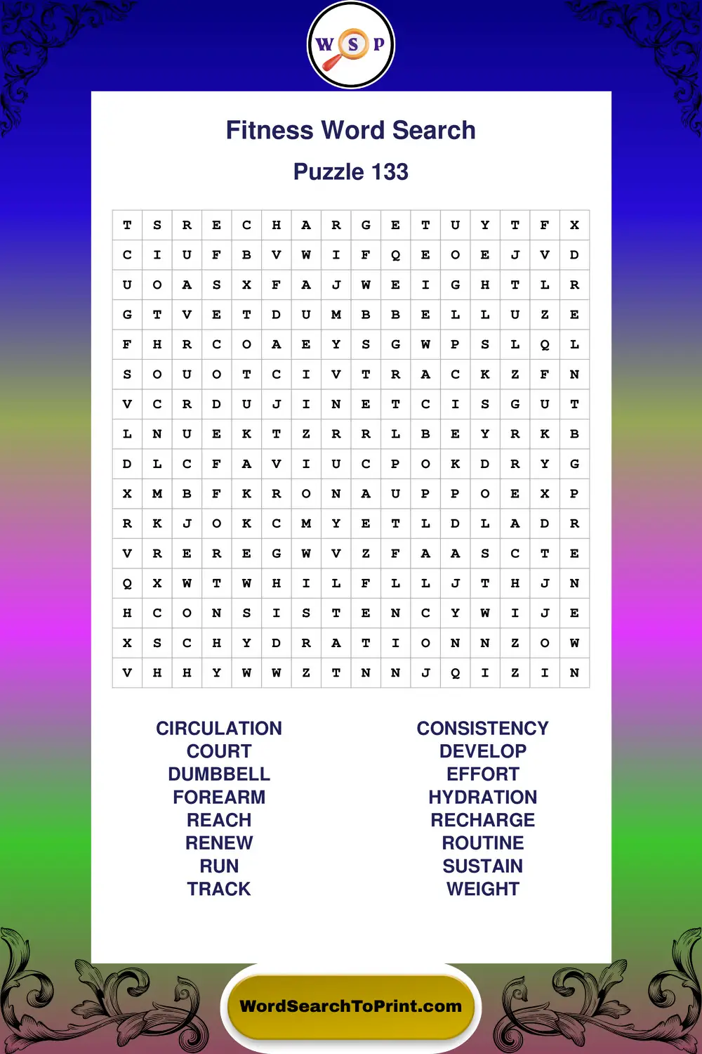 Fitness Word Search Puzzle 133