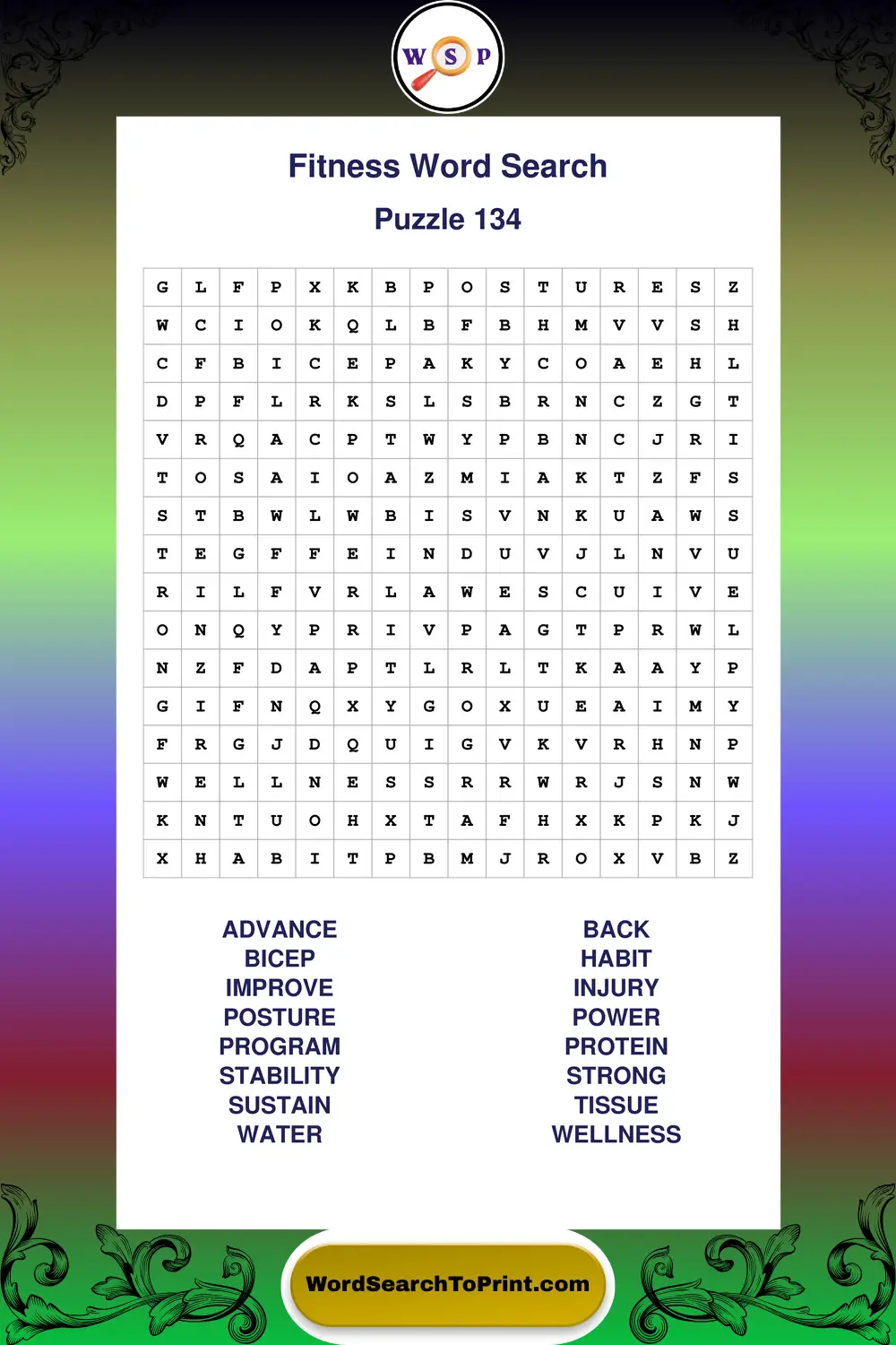 Fitness Word Search Puzzle 134