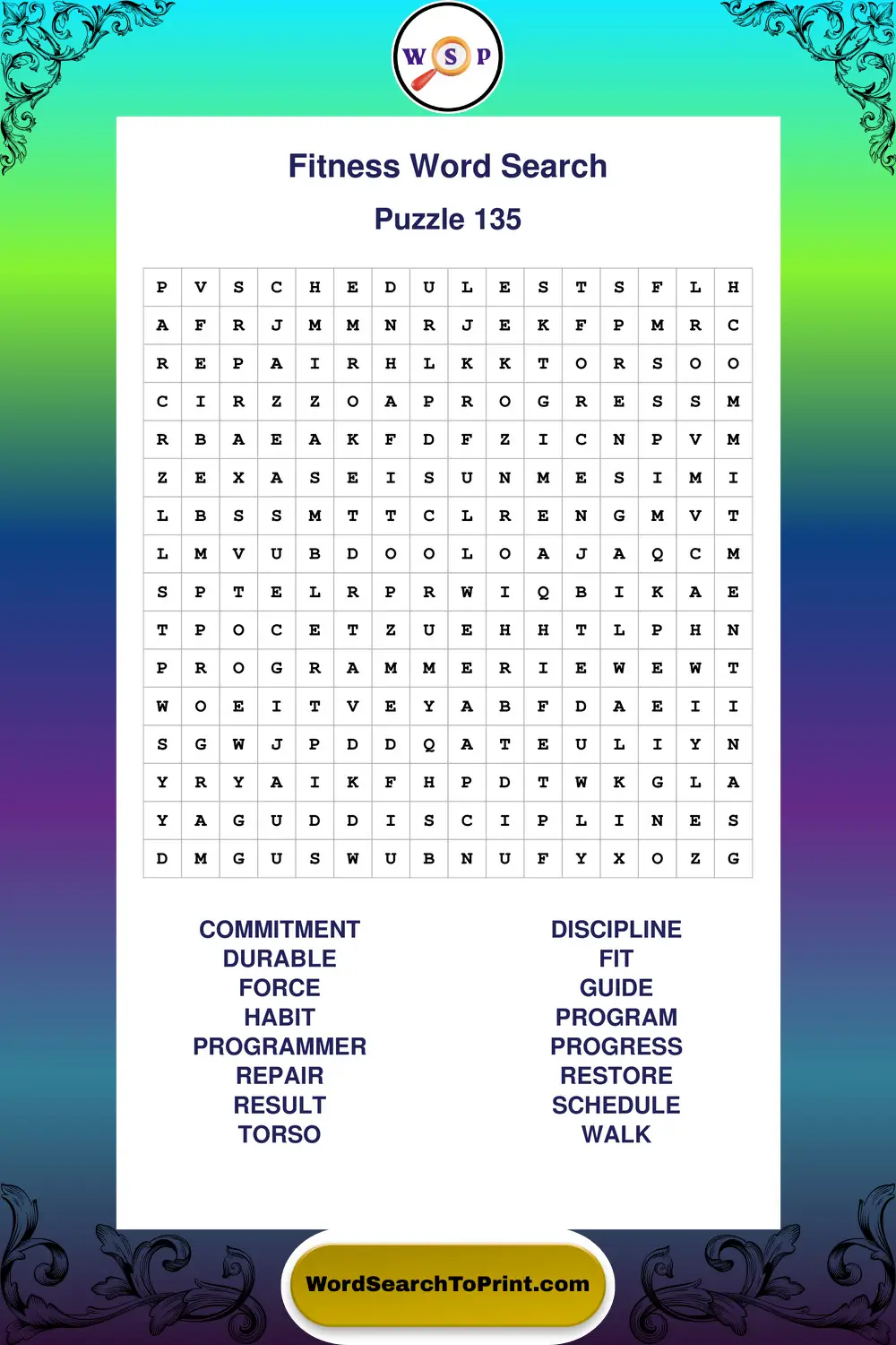 Fitness Word Search Puzzle 135