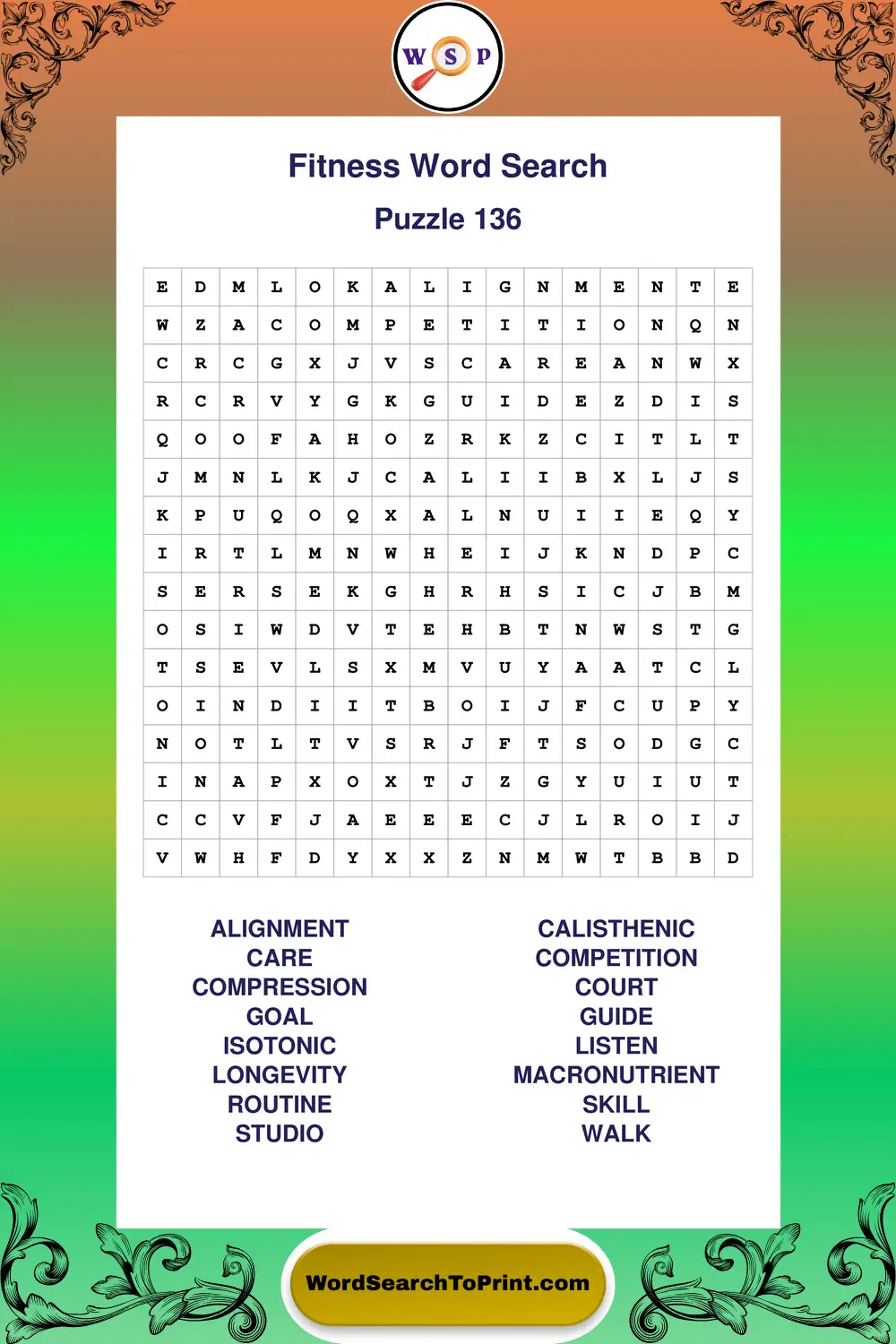 Fitness Word Search Puzzle 136