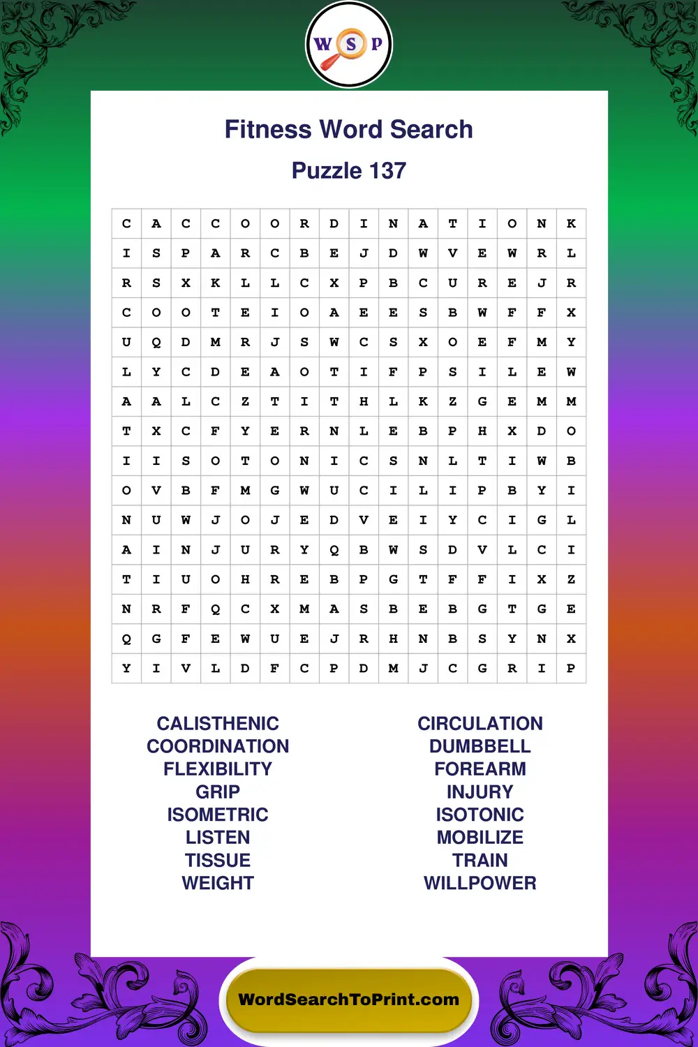 Fitness Word Search Puzzle 137