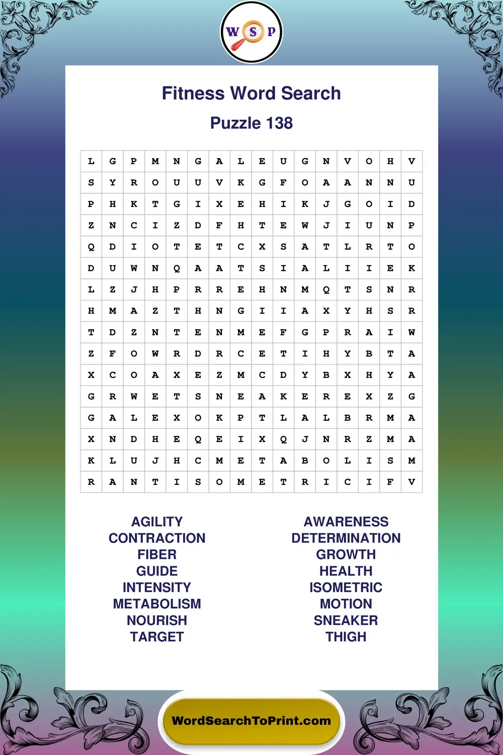 Fitness Word Search Puzzle 138
