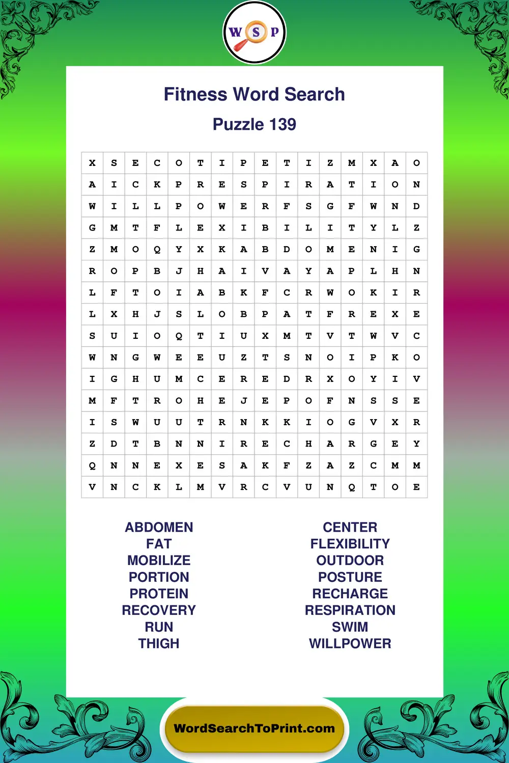 Fitness Word Search Puzzle 139