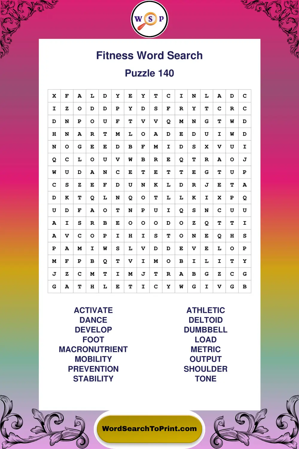 Fitness Word Search Puzzle 140