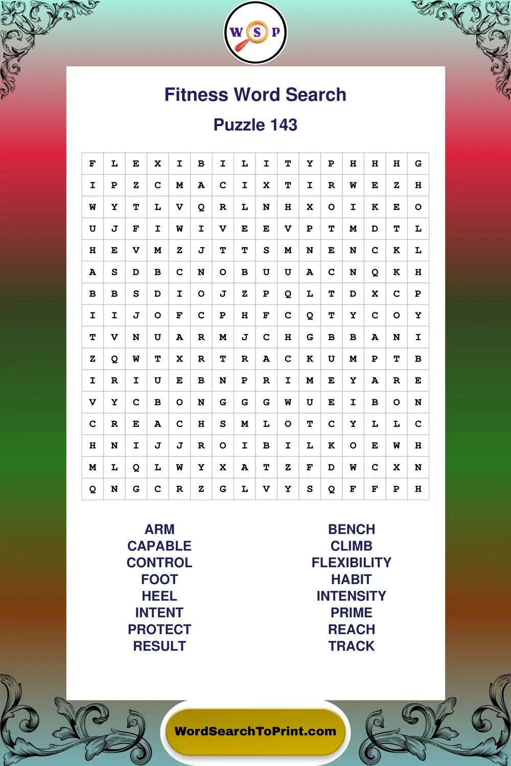 Fitness Word Search Puzzle 143