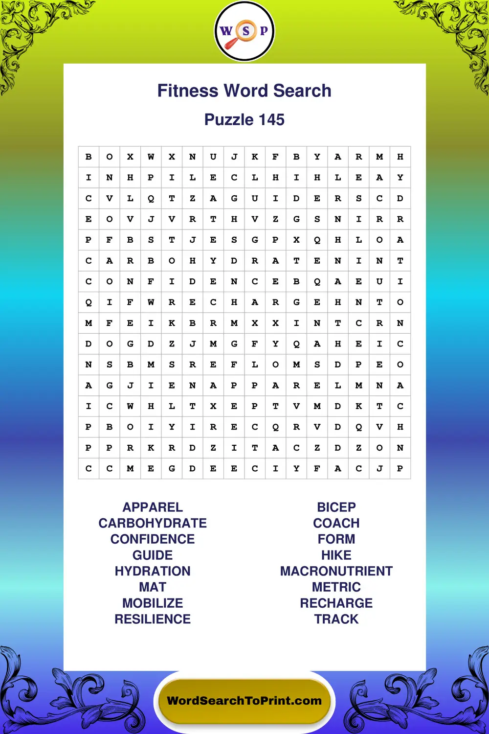 Fitness Word Search Puzzle 145