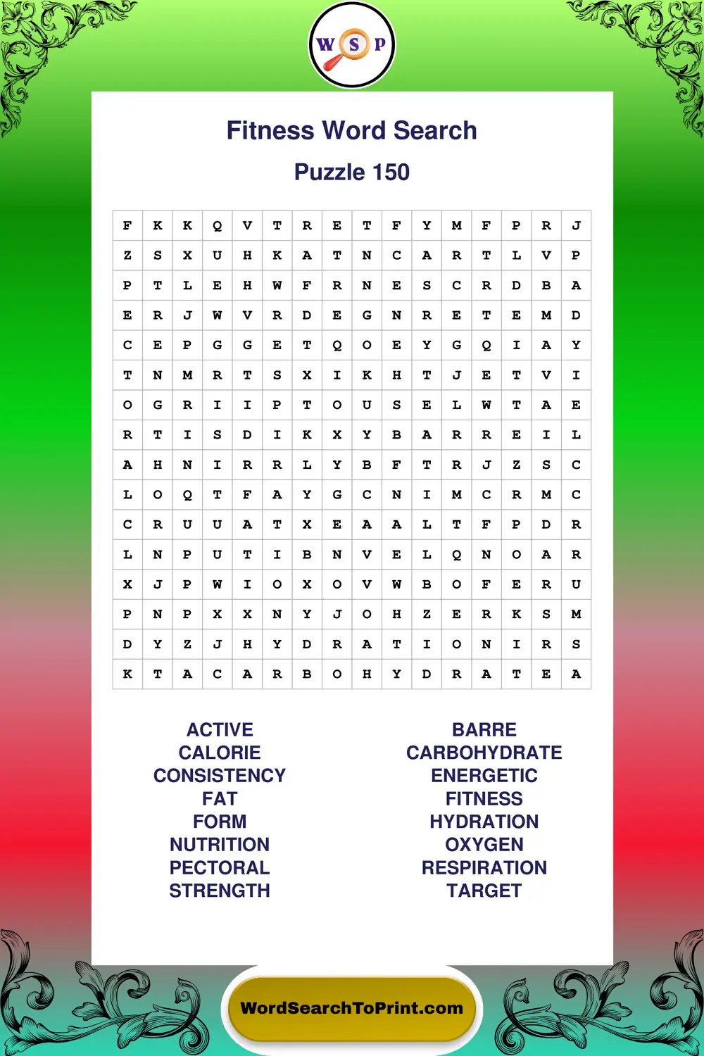 Fitness Word Search Puzzle 150
