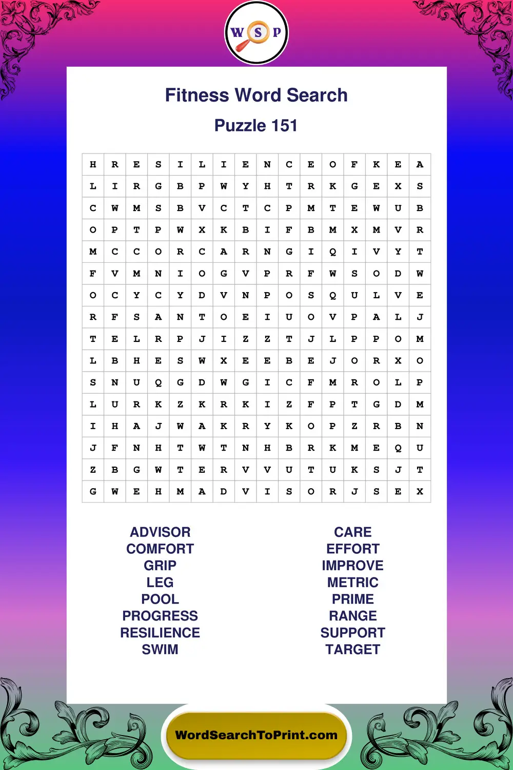 Fitness Word Search Puzzle 151