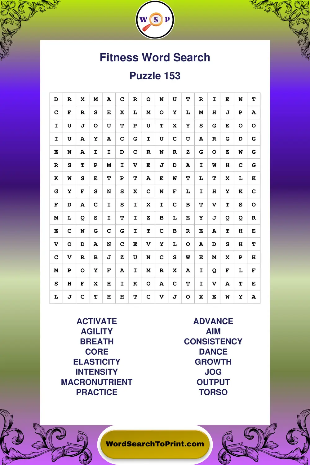 Fitness Word Search Puzzle 153