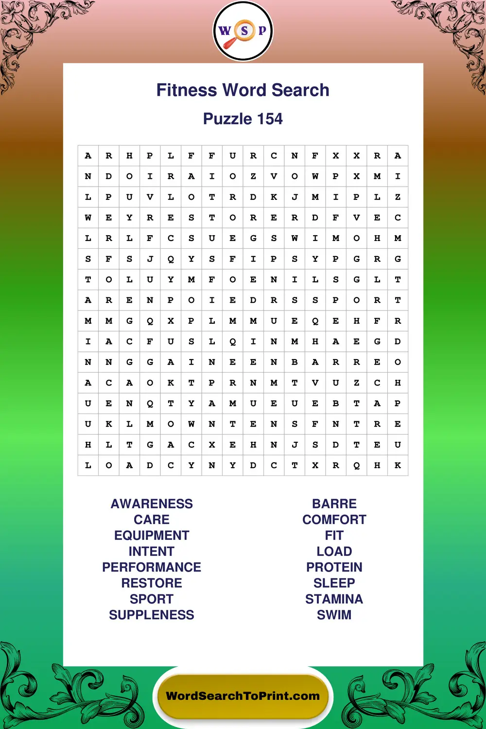 Fitness Word Search Puzzle 154