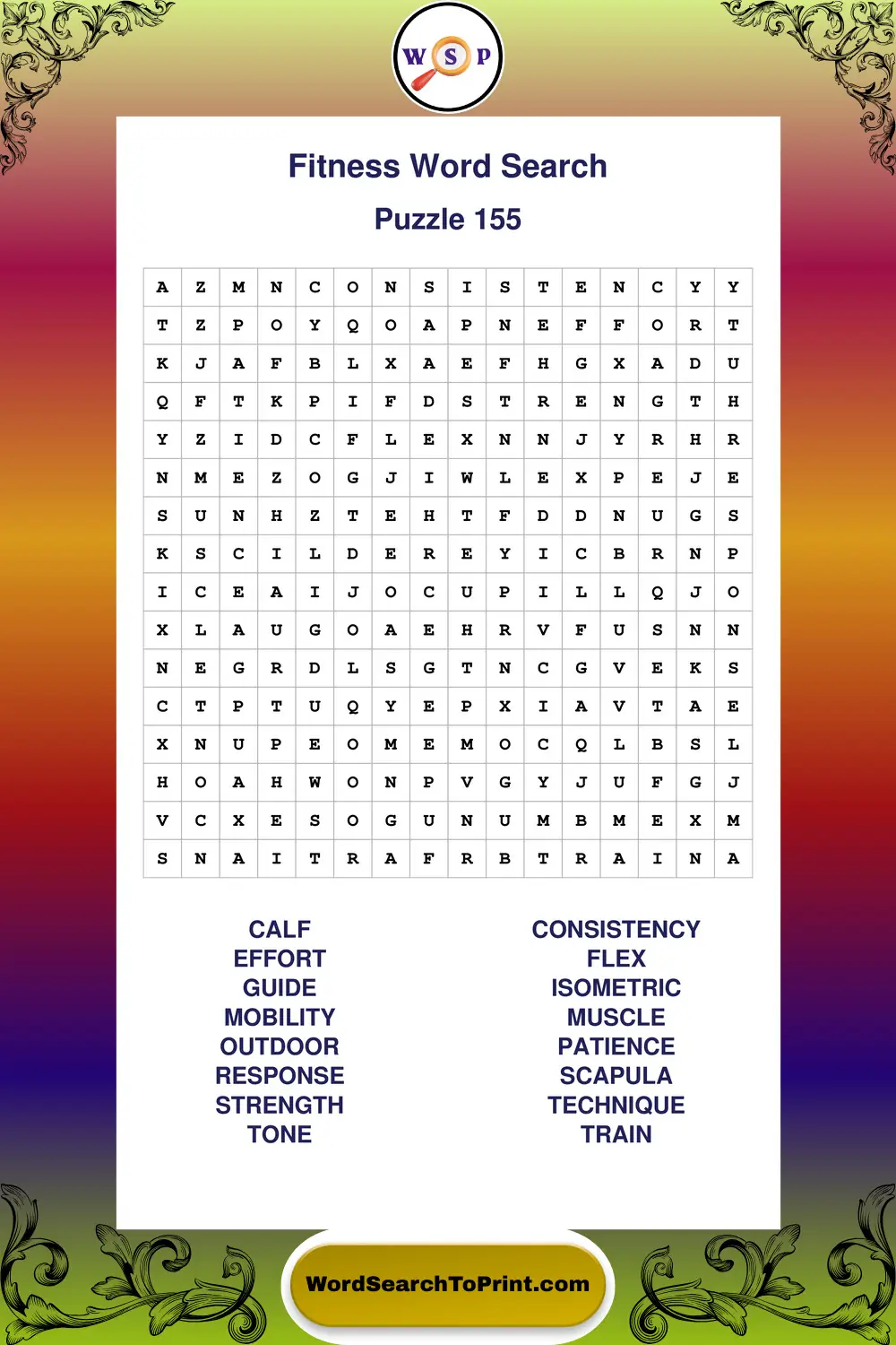 Fitness Word Search Puzzle 155