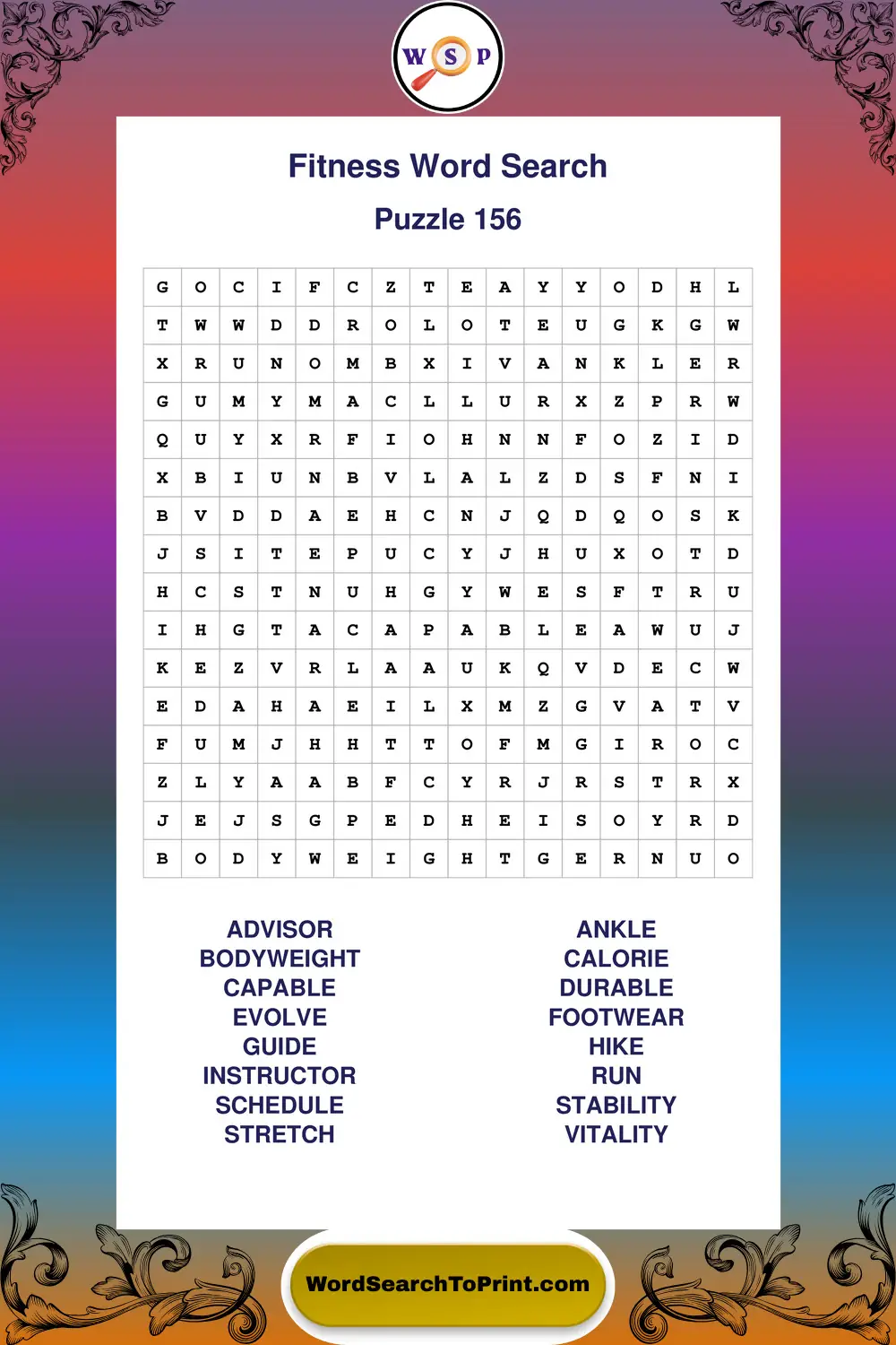 Fitness Word Search Puzzle 156