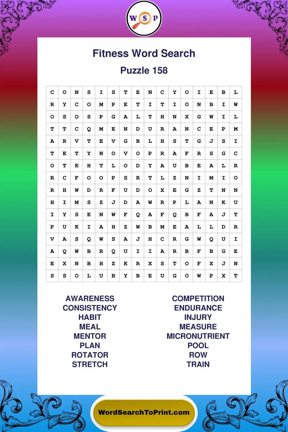 Fitness Word Search Puzzle 158