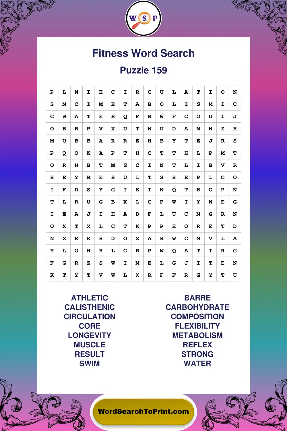 Fitness Word Search Puzzle 159